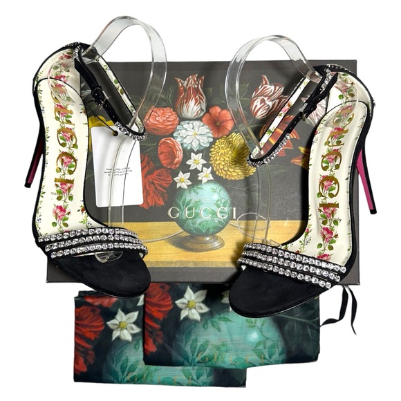 GUCCI Kid Scamosciato Crystal Ankle Strap High Heel Suede Sandals size 37.5 - Picture 2 of 16